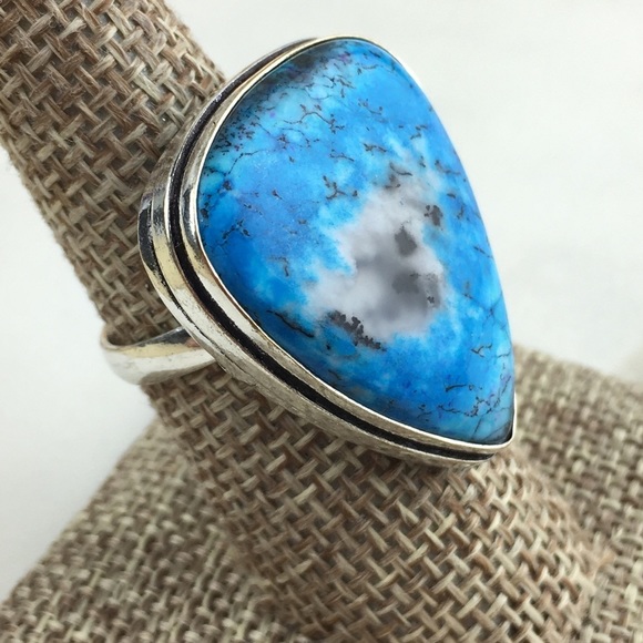New Blue Dendritic Dendrite Opal Stone Silver Overlay Ring 8 - Picture 2 of 8